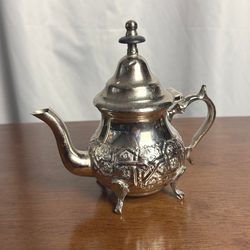 VTG Moroccan Silver Plate Teapot Repousse Footed Fez Style Wood Finial Signed